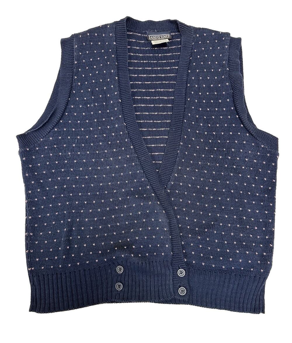 Lands End Womens Sweater Vest Navy/Pink Dotted Cotton Med Old Money Preppy VTG